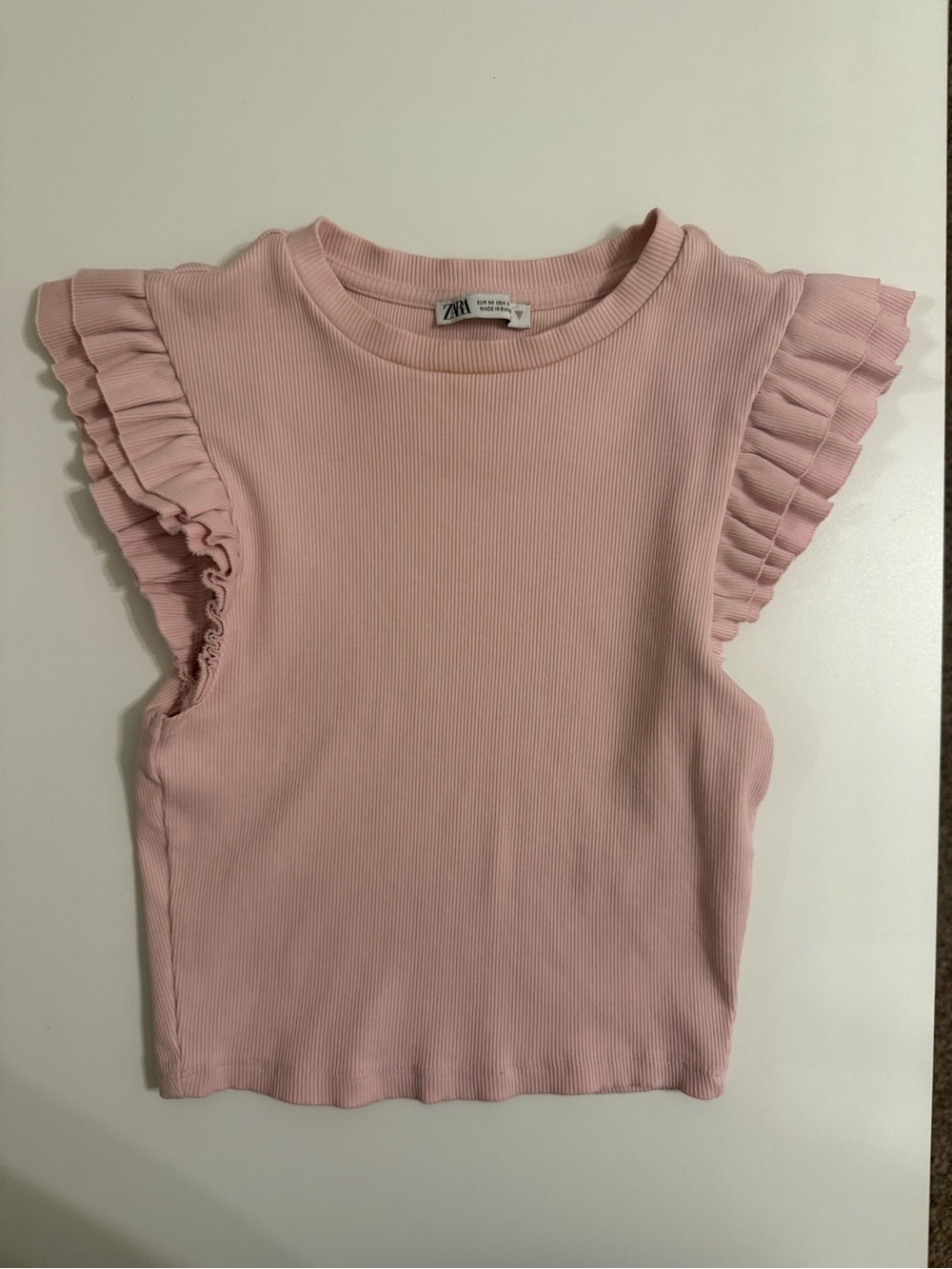 Zara Light Pink Ribbed Shirt with Ruffle Cap Sleeves